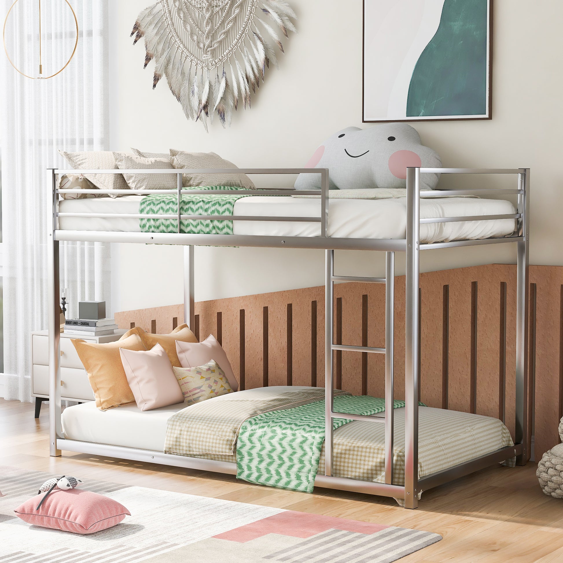 Twin over Twin Metal Bunk Bed, Low Bunk Bed with silver-metal