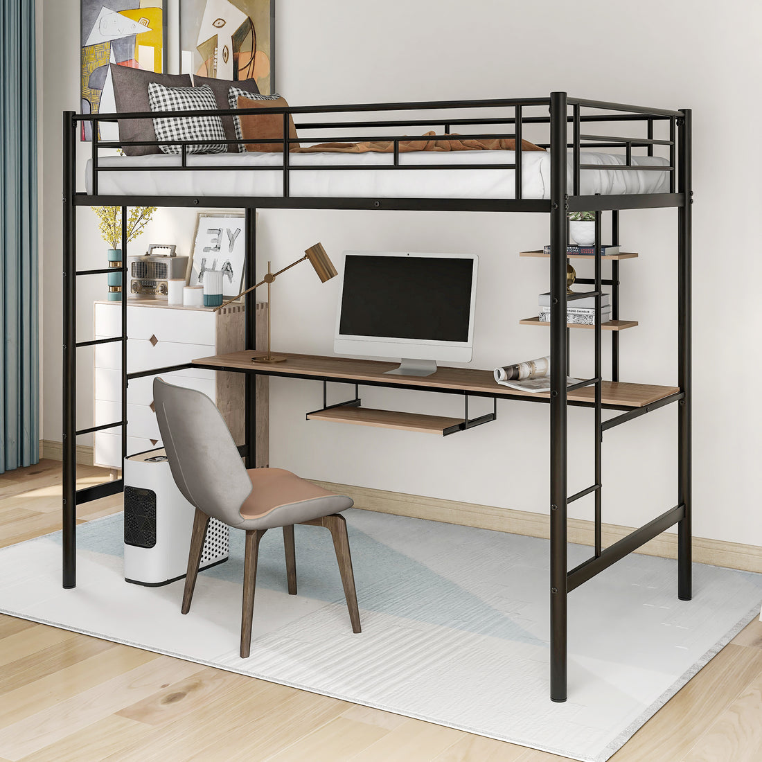 Loft Bed With Desk And Shelfspace Saving Design,Twin Old Sku:Mf193081Aab Black Metal