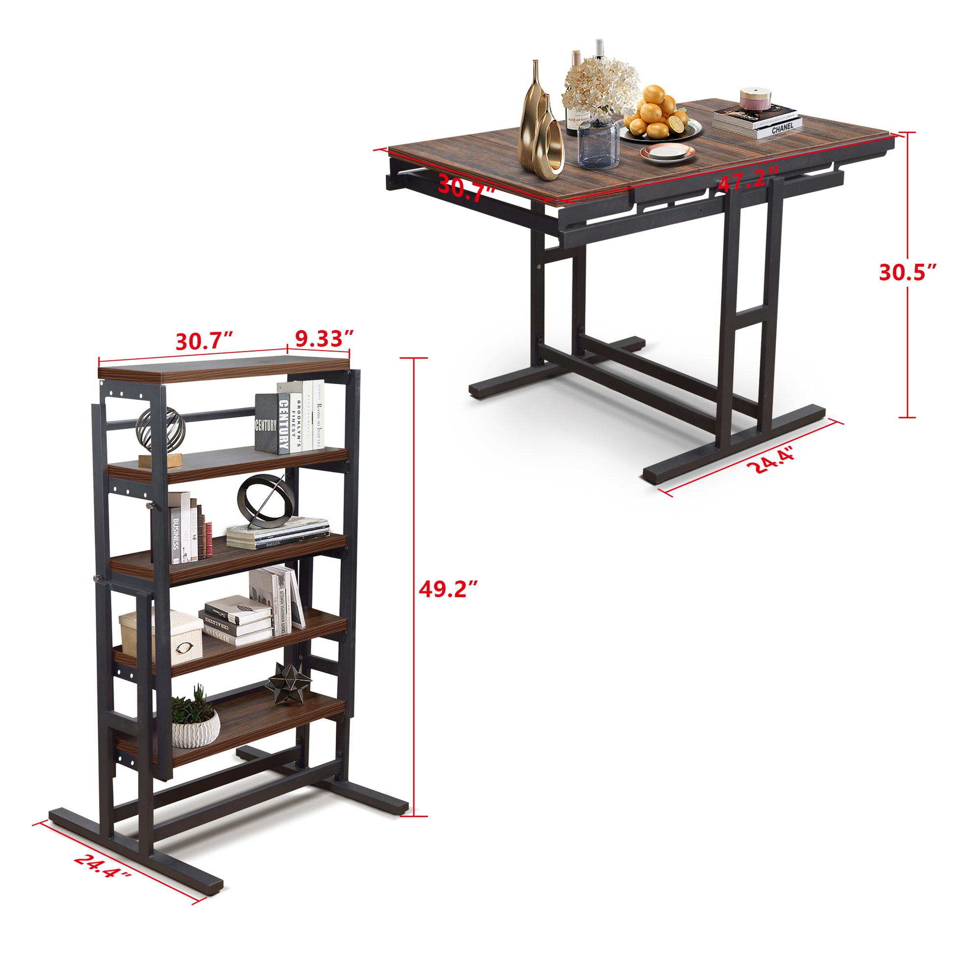 Dining Table Multifunctional Solid Wood Folding Conversion Table Folding Shelf Can Be Used As Dining Table Or Vertical Shelf Walnut Black Mdf