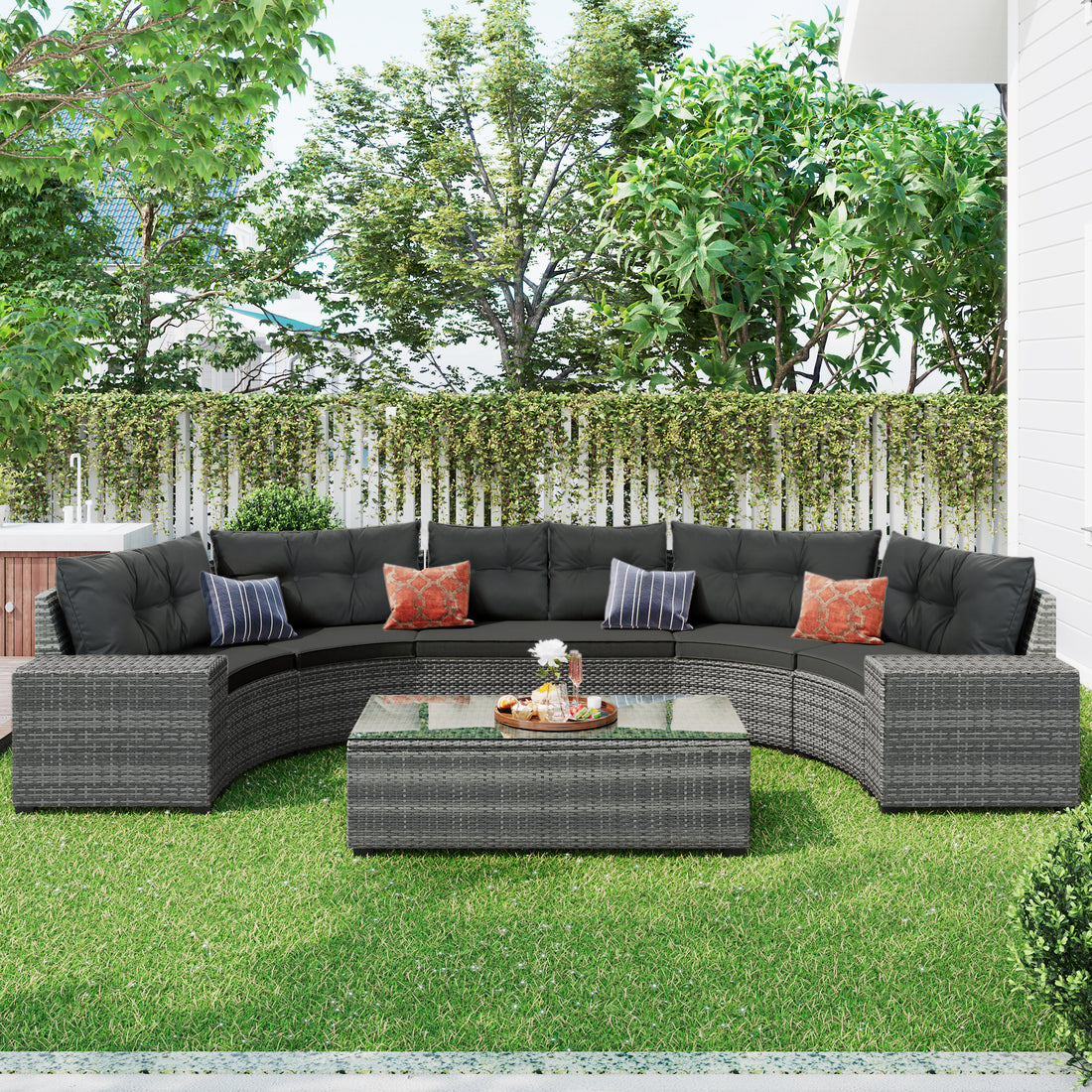 8 Pieces Outdoor Wicker Round Sofa Set, Half Moon Sectional Sets All Weather, Curved Sofa Set With Rectangular Coffee Table, Pe Rattan Water Resistant And Uv Protected, Movable Cushion, Gray Yes Gray Garden & Outdoor Wicker