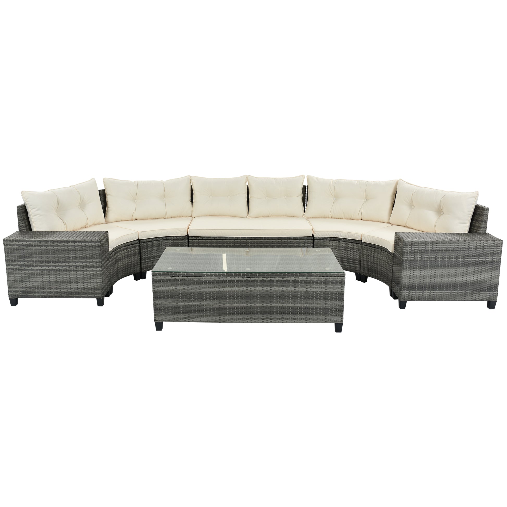 8 Pieces Outdoor Wicker Round Sofa Set, Half Moon Sectional Sets All Weather, Curved Sofa Set With Rectangular Coffee Table, Pe Rattan Water Resistant And Uv Protected, Movable Cushion, Beige Yes Complete Patio Set Beige Garden & Outdoor Wicker