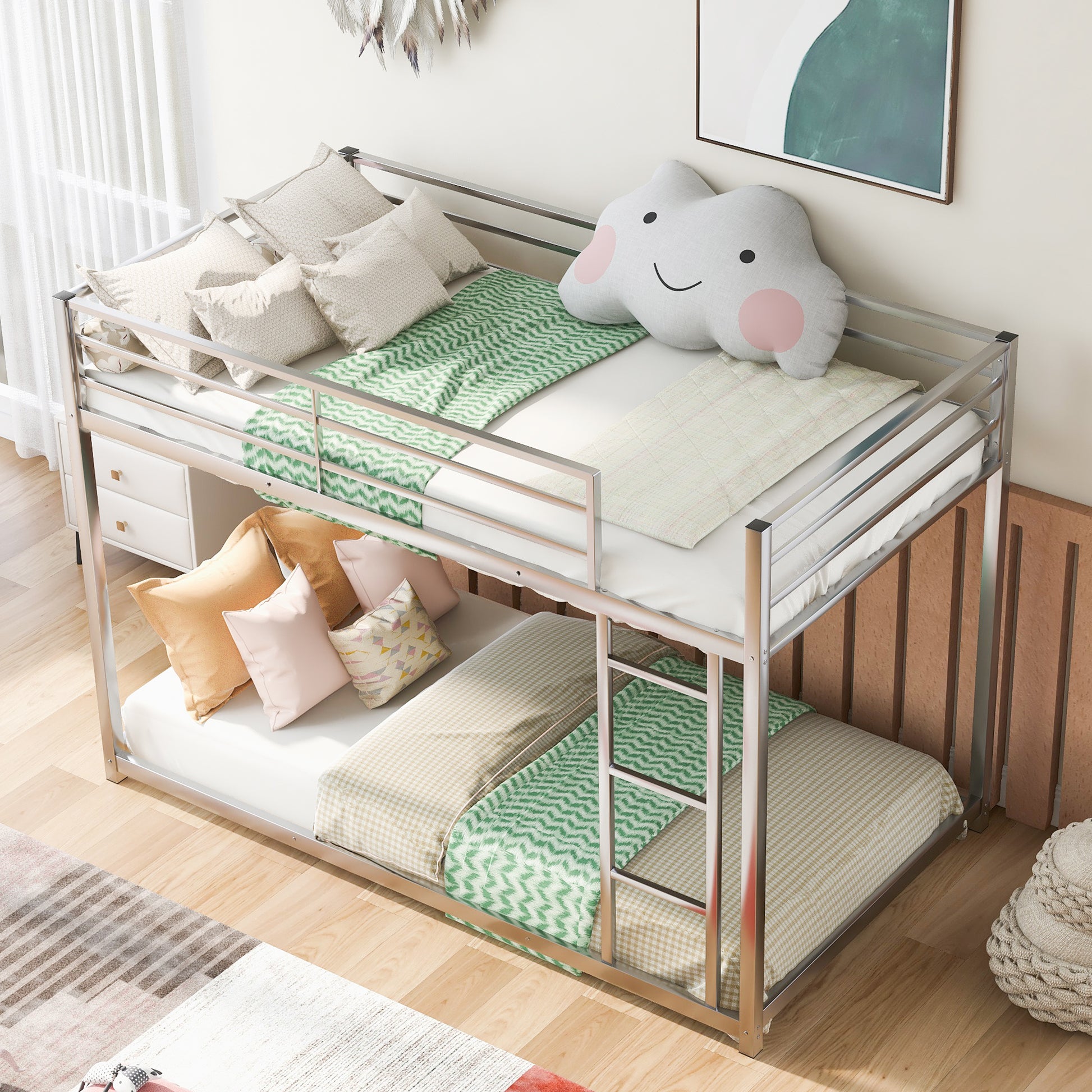Twin over Twin Metal Bunk Bed, Low Bunk Bed with silver-metal