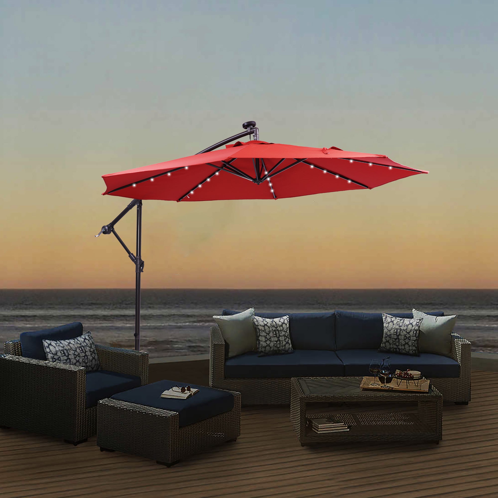 10 FT Solar LED Patio Outdoor Umbrella Hanging red-metal