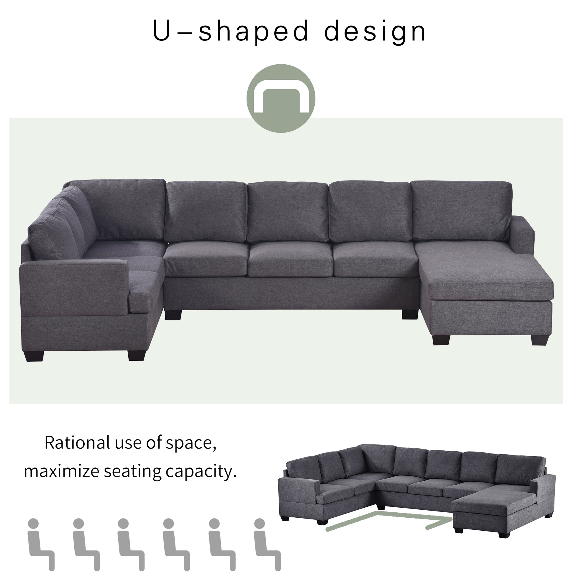 Ustyle Modern Large Upholstered U Shape Sectional Sofa, Extra Wide Chaise Lounge Couch, Grey Gray Polyester 7 Seat