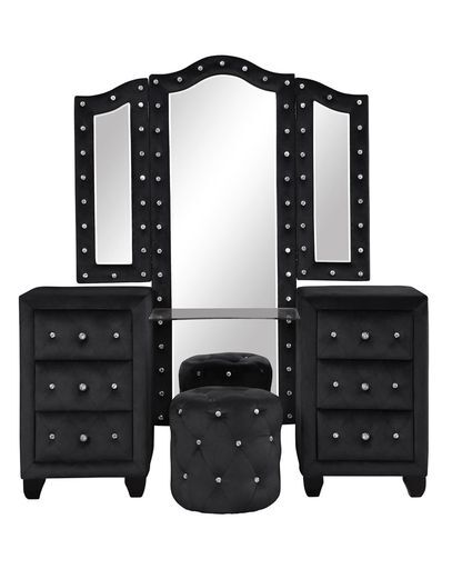 Queen 4 Pc Vanity Bedroom Set Made With Wood In Black Color Box Spring Not Required Queen Black Wood 4 Piece Set Bedroom Contemporary,Modern Solid Wood Mdf Velvet Tufted Wood