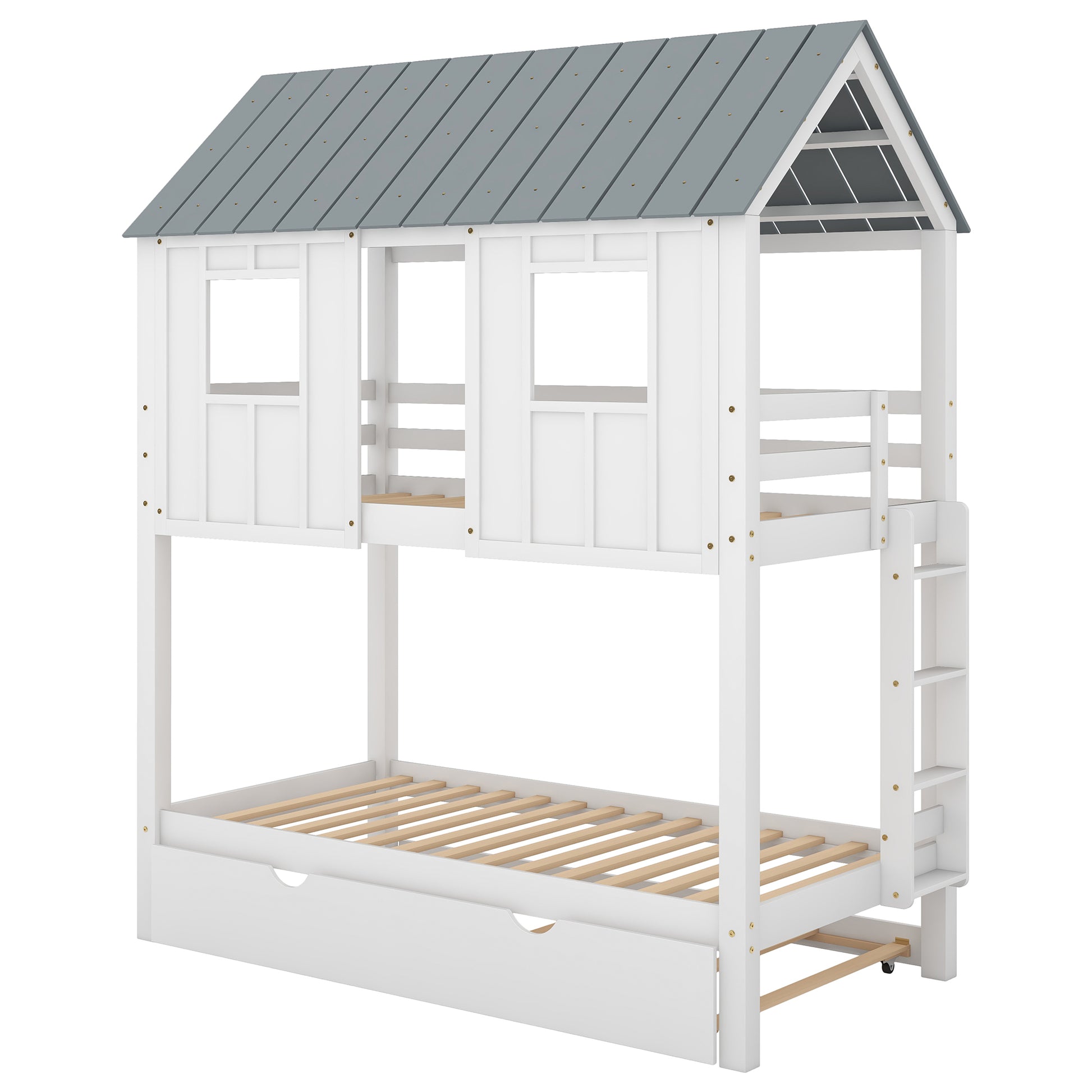 House Bunk Bed With Trundle,Roof And Windows,White Old Sku:Gx000705Aak White Pine
