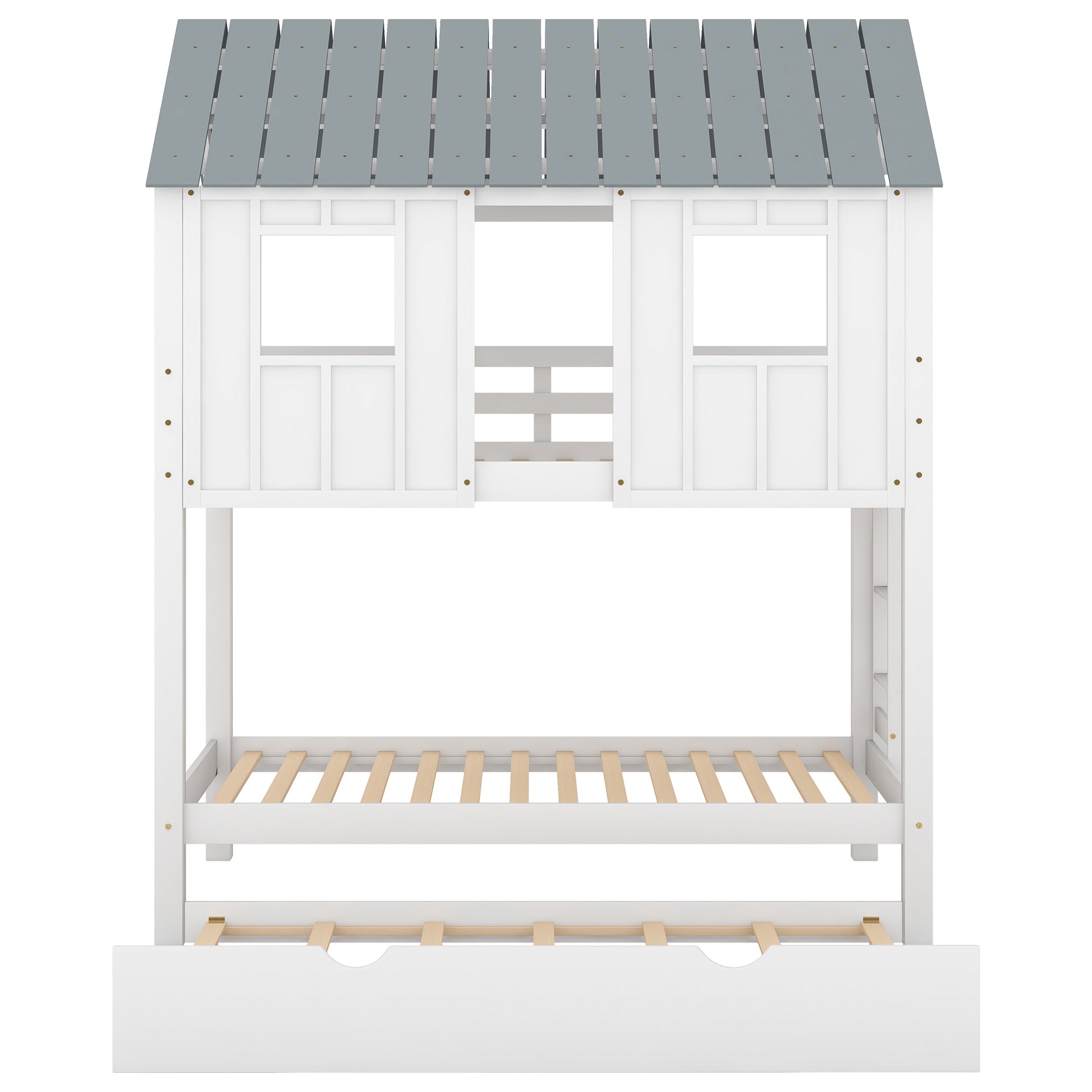 House Bunk Bed With Trundle,Roof And Windows,White Old Sku:Gx000705Aak White Pine