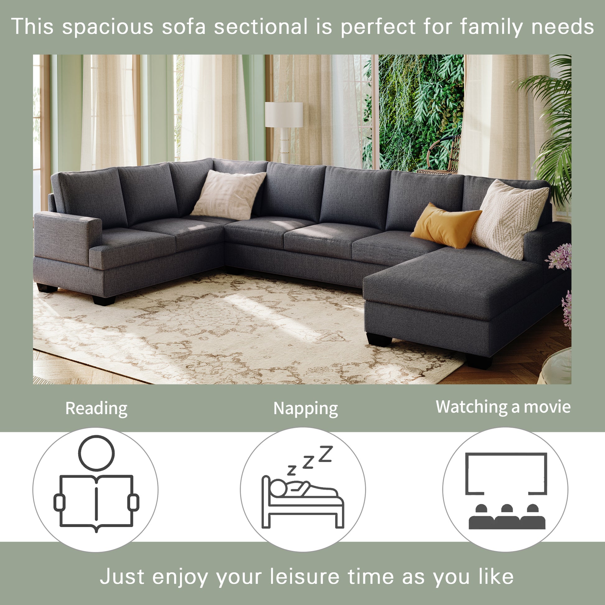 Ustyle Modern Large Upholstered U Shape Sectional Sofa, Extra Wide Chaise Lounge Couch, Grey Gray Polyester 7 Seat