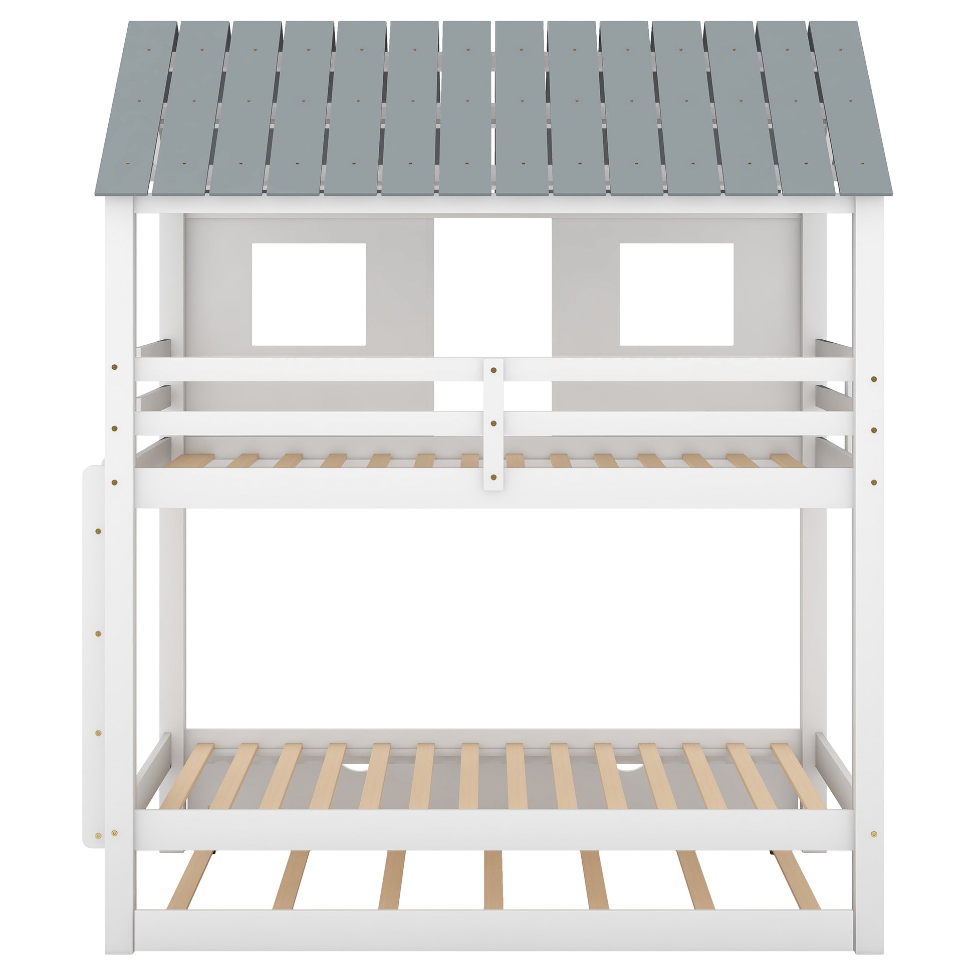 House Bunk Bed With Trundle,Roof And Windows,White Old Sku:Gx000705Aak White Pine