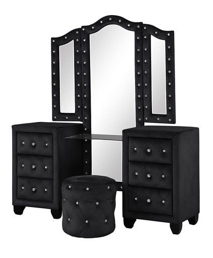 Hazel Queen 5 Pc Vanity Bedroom Set Made With Wood In Black Color Box Spring Not Required Queen Black Wood 5 Piece Set Bedroom Modern Upholstered Velvet Tufted Wood