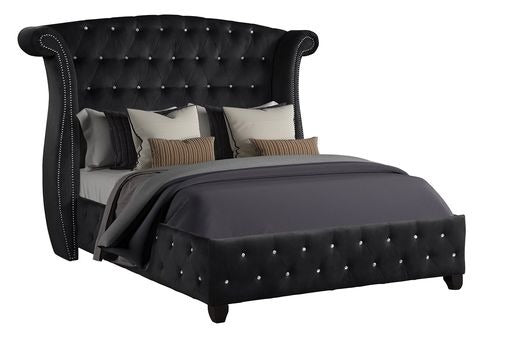 Crystal Tufted King Bed Made With Wood In Black Box Spring Not Required King Black Wood Bedroom Contemporary,Modern Acacia Upholstered Velvet Wood