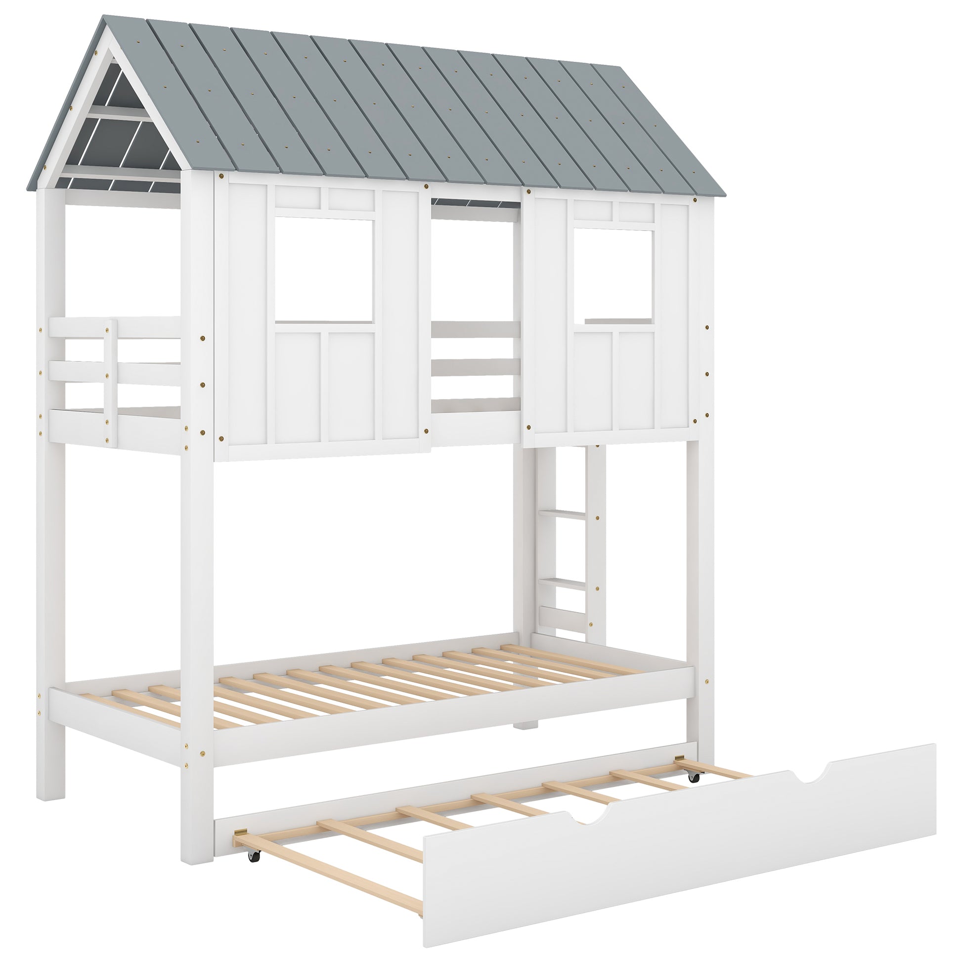 House Bunk Bed With Trundle,Roof And Windows,White Old Sku:Gx000705Aak White Pine