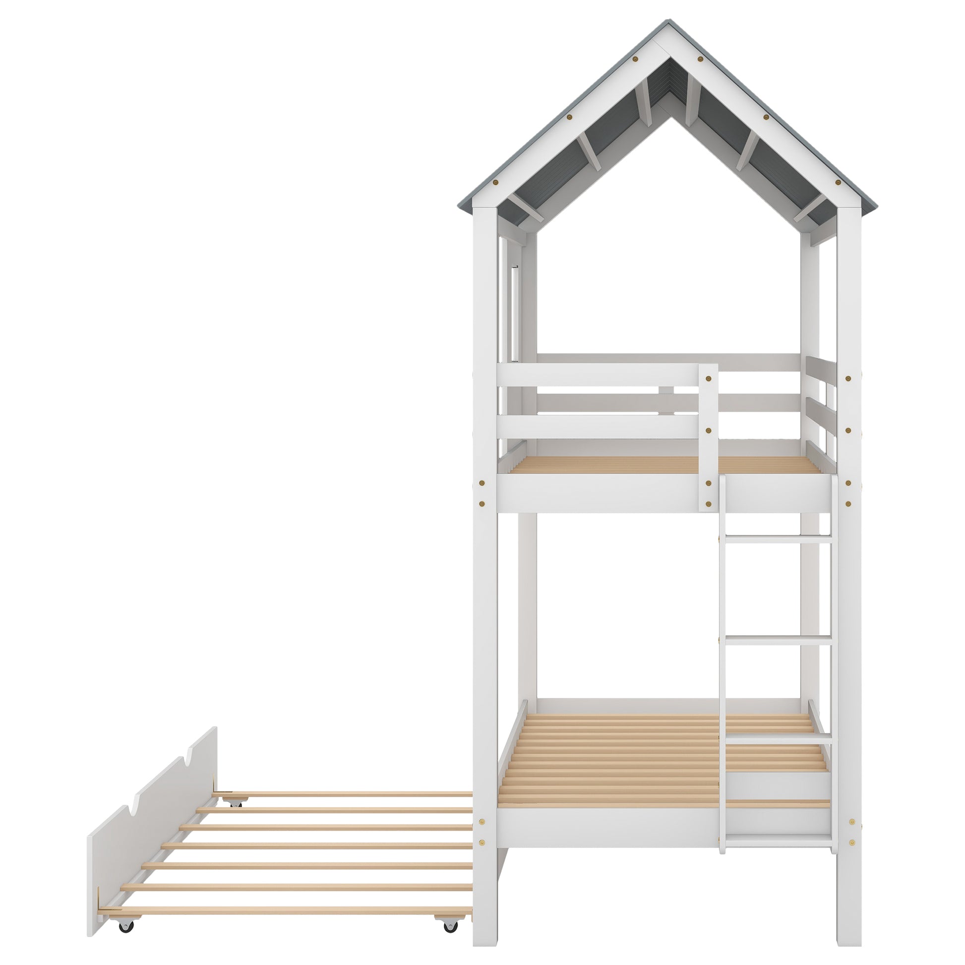 House Bunk Bed With Trundle,Roof And Windows,White Old Sku:Gx000705Aak White Pine