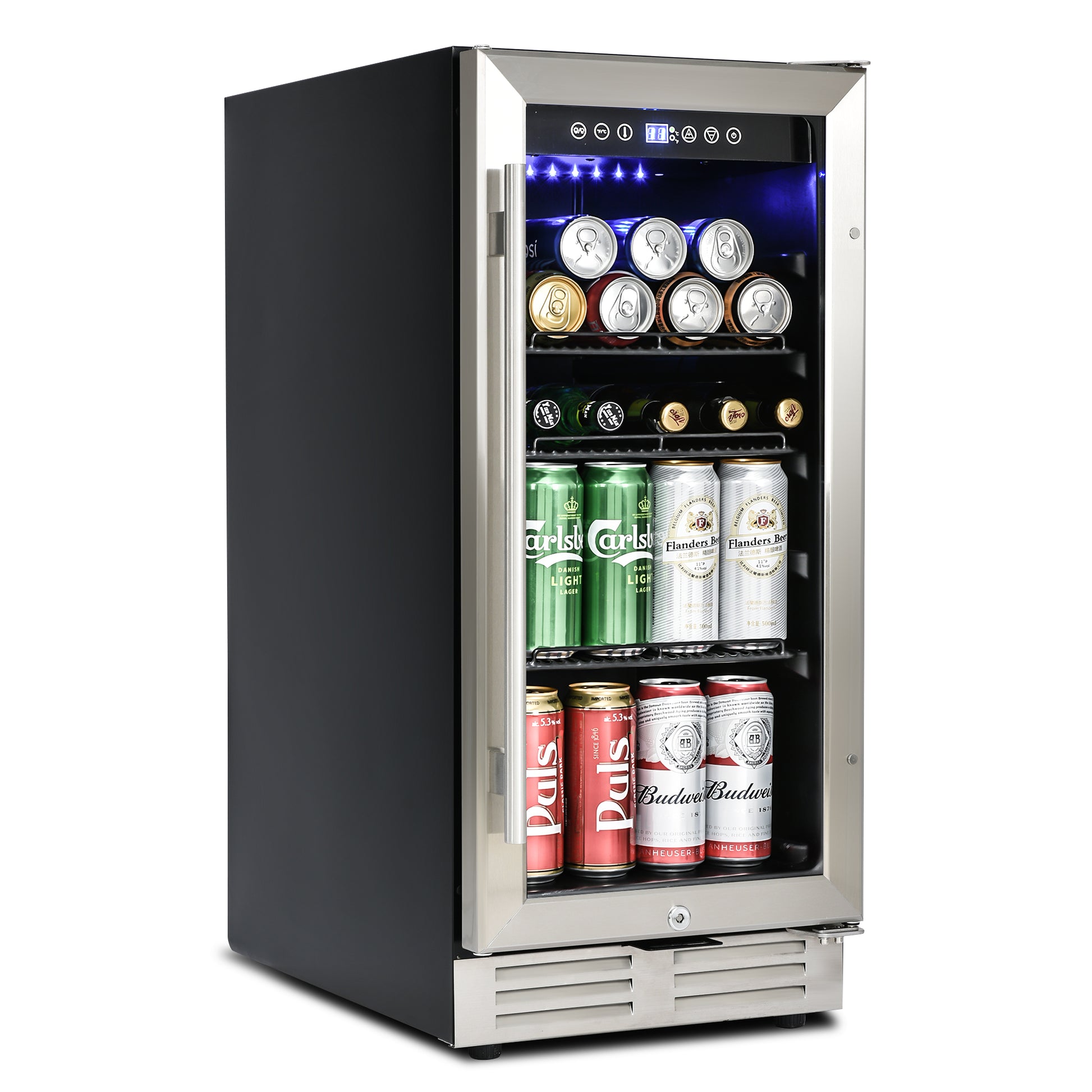 Built In And Freestanding 15" Mini Beverage Refrigerator Wine Cabinet, 120 Cans, 37 65 F, Quiet, Adjustable Shelves, Led Lighting, Etltouch Controls, Defrost, Double Glass Door, Kitchen Bar Office Black And Silver Steel Stainless Steel