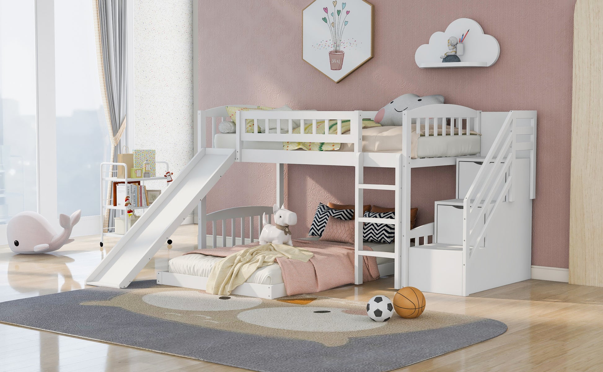 Stairway Twin Over Twin Bunk Bed With Two Drawers And Slide, White Old Sku :Lp000156Aak White Solid Wood