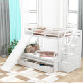 Twin Over Full Bunk Bed With Drawers,Storage And Slide, Multifunction, White Twin Box Spring Not Required White Pine