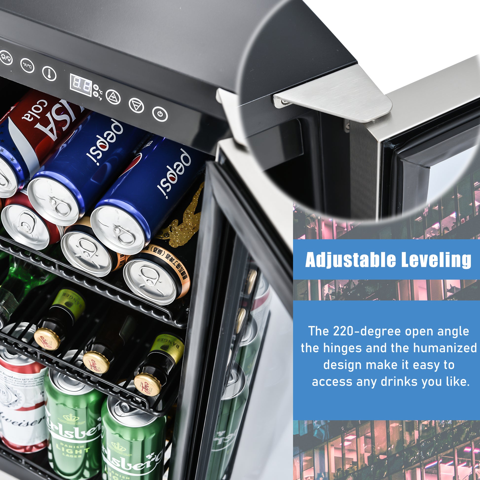 Built In And Freestanding 15" Mini Beverage Refrigerator Wine Cabinet, 120 Cans, 37 65 F, Quiet, Adjustable Shelves, Led Lighting, Etltouch Controls, Defrost, Double Glass Door, Kitchen Bar Office Black And Silver Steel Stainless Steel