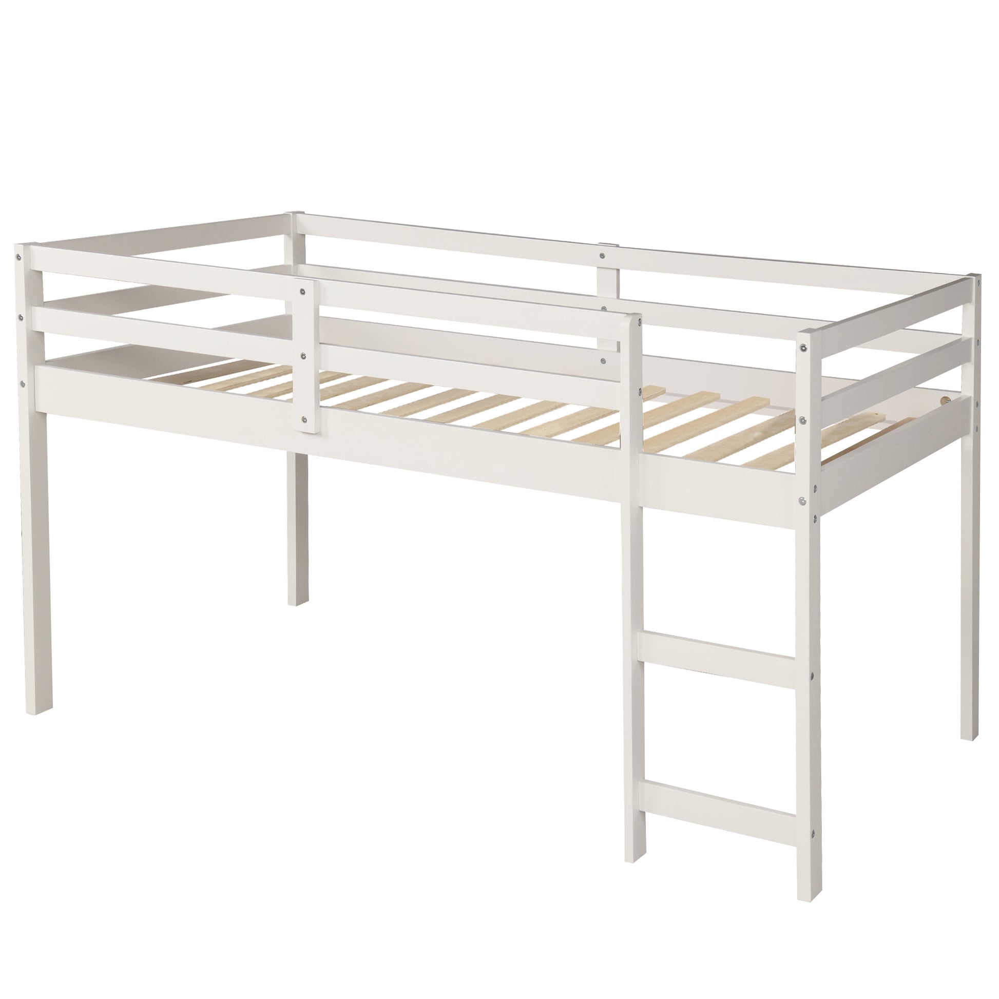 Low Study Twin Loft Bed With Cabinet And Rolling Portable Desk White Old Sku :Lp000113Aak White Solid Wood