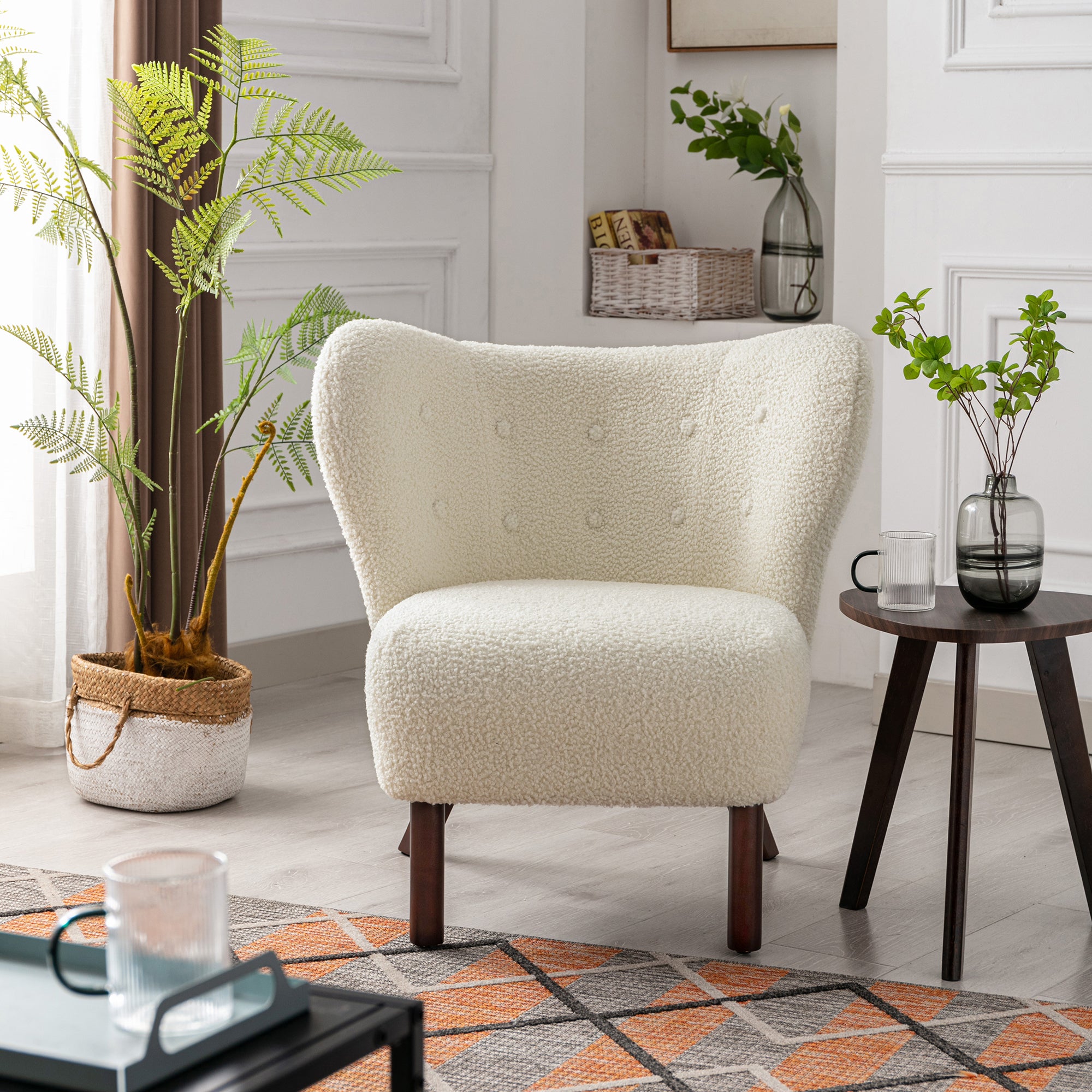 Modern Accent Chair Lambskin Sherpa Wingback Tufted cream-polyester