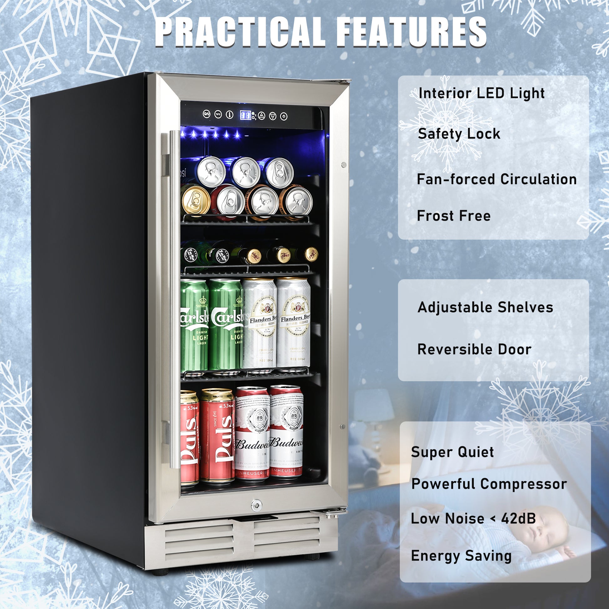 Built In And Freestanding 15" Mini Beverage Refrigerator Wine Cabinet, 120 Cans, 37 65 F, Quiet, Adjustable Shelves, Led Lighting, Etltouch Controls, Defrost, Double Glass Door, Kitchen Bar Office Black And Silver Steel Stainless Steel