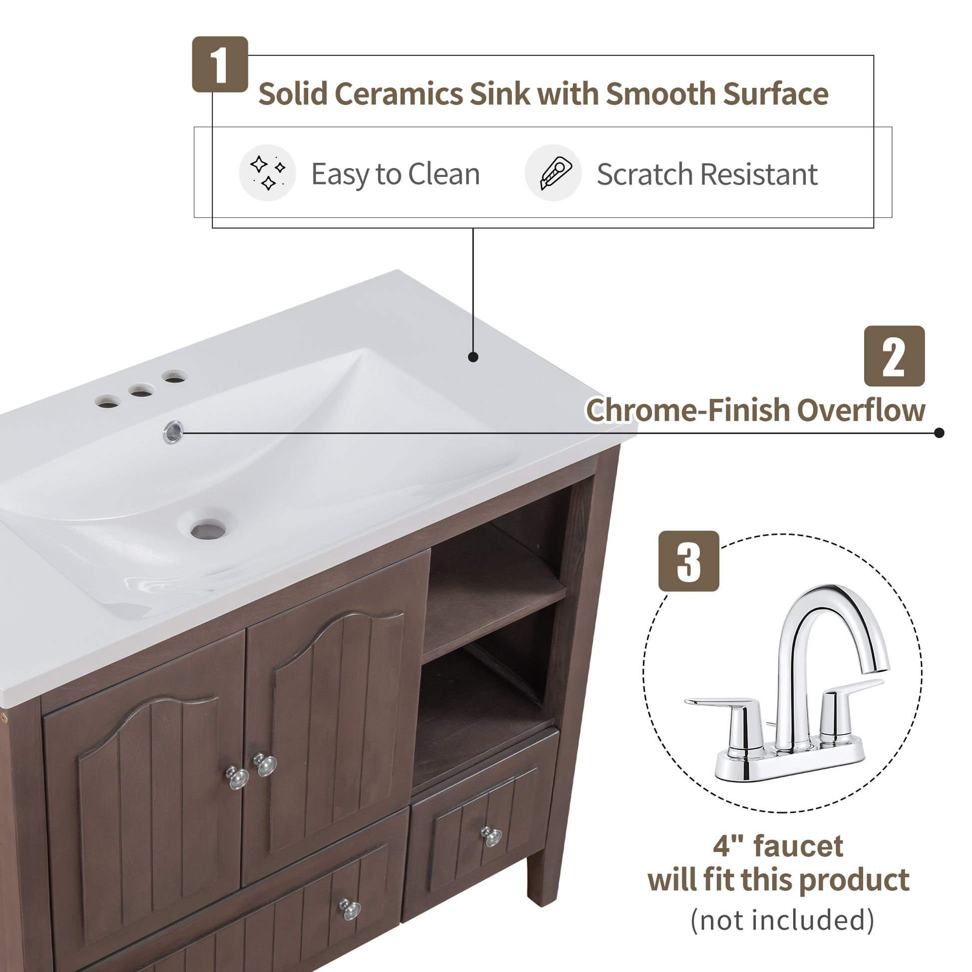 Video 36" Bathroom Vanity With Ceramic Basin, Bathroom Storage Cabinet With Two Doors And Drawers, Solid Frame, Metal Handles, Brown Old Sku: Jl000003Aad Brown Solid Wood