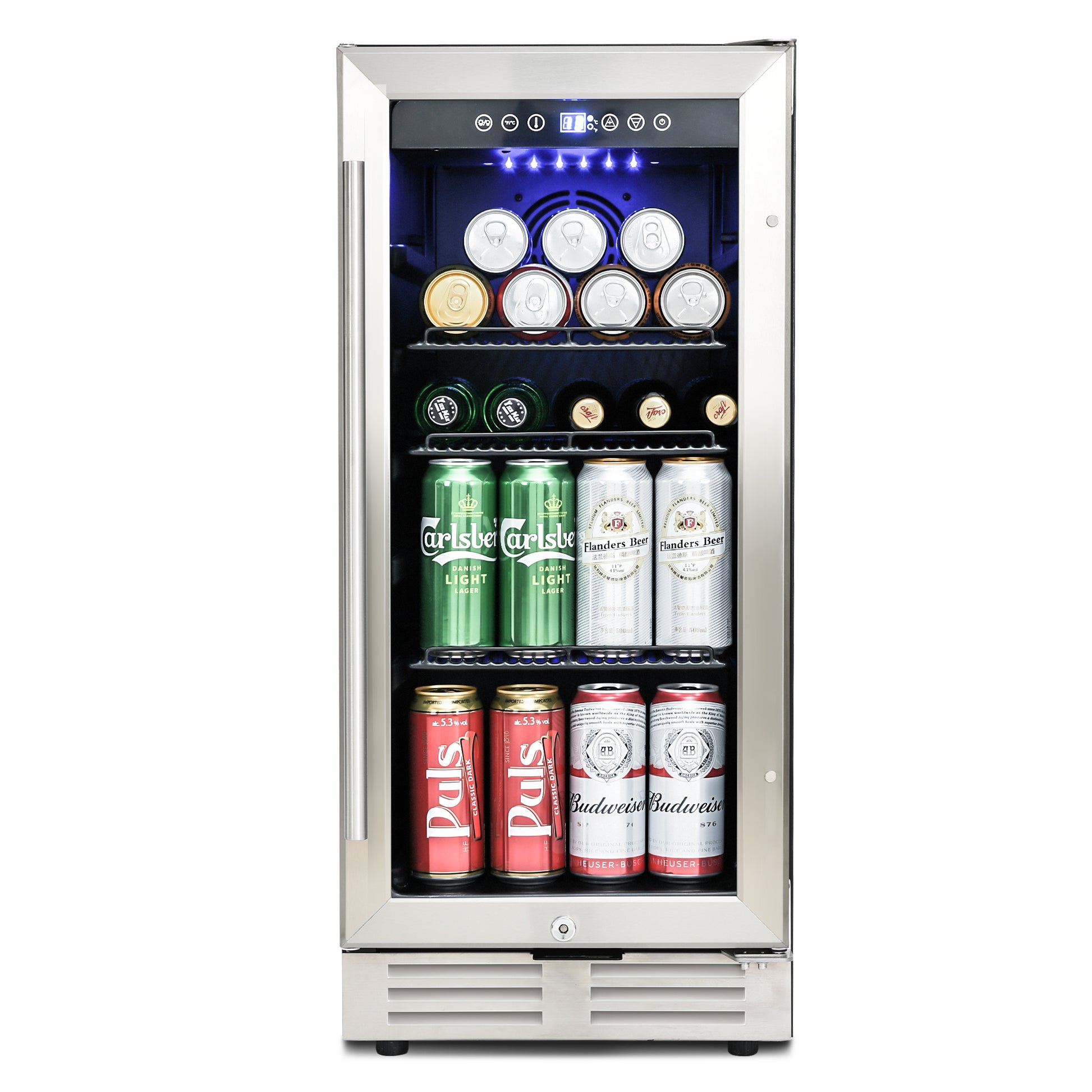 Built In And Freestanding 15" Mini Beverage Refrigerator Wine Cabinet, 120 Cans, 37 65 F, Quiet, Adjustable Shelves, Led Lighting, Etltouch Controls, Defrost, Double Glass Door, Kitchen Bar Office Black And Silver Steel Stainless Steel