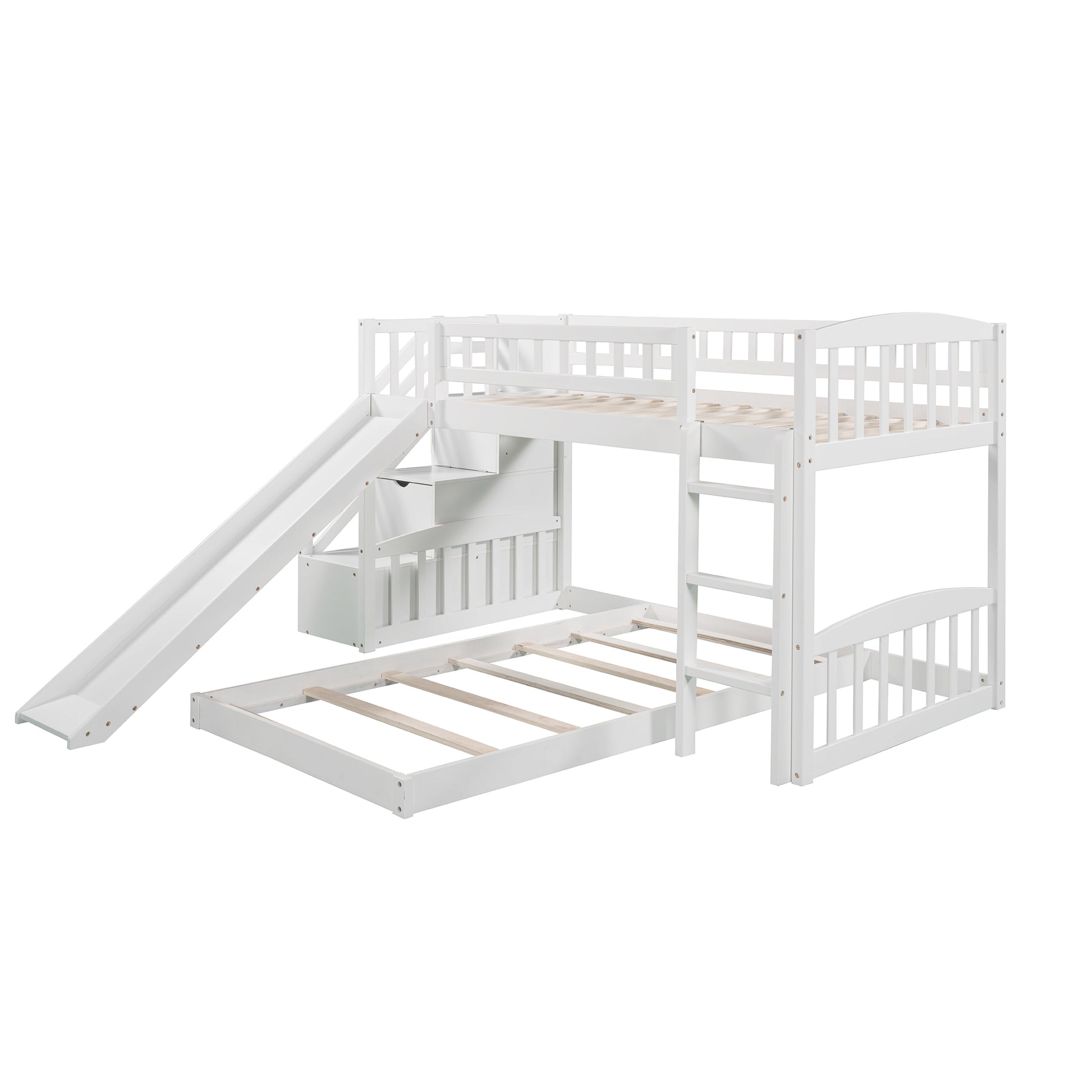 Stairway Twin Over Twin Bunk Bed With Two Drawers And Slide, White Old Sku :Lp000156Aak White Solid Wood