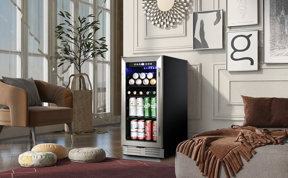 Built In And Freestanding 15" Mini Beverage Refrigerator Wine Cabinet, 120 Cans, 37 65 F, Quiet, Adjustable Shelves, Led Lighting, Etltouch Controls, Defrost, Double Glass Door, Kitchen Bar Office Black And Silver Steel Stainless Steel