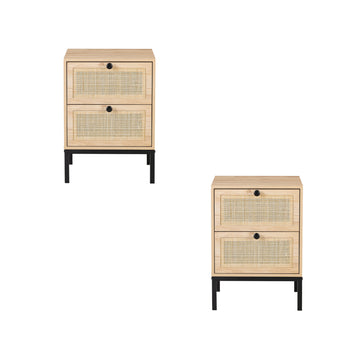 Set Of 2 Rectangle Rattan Bedside Table Nightstand With Drawer 2 Beige Mdf