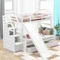 Twin Over Full Bunk Bed With Drawers,Storage And Slide, Multifunction, White Twin Box Spring Not Required White Pine