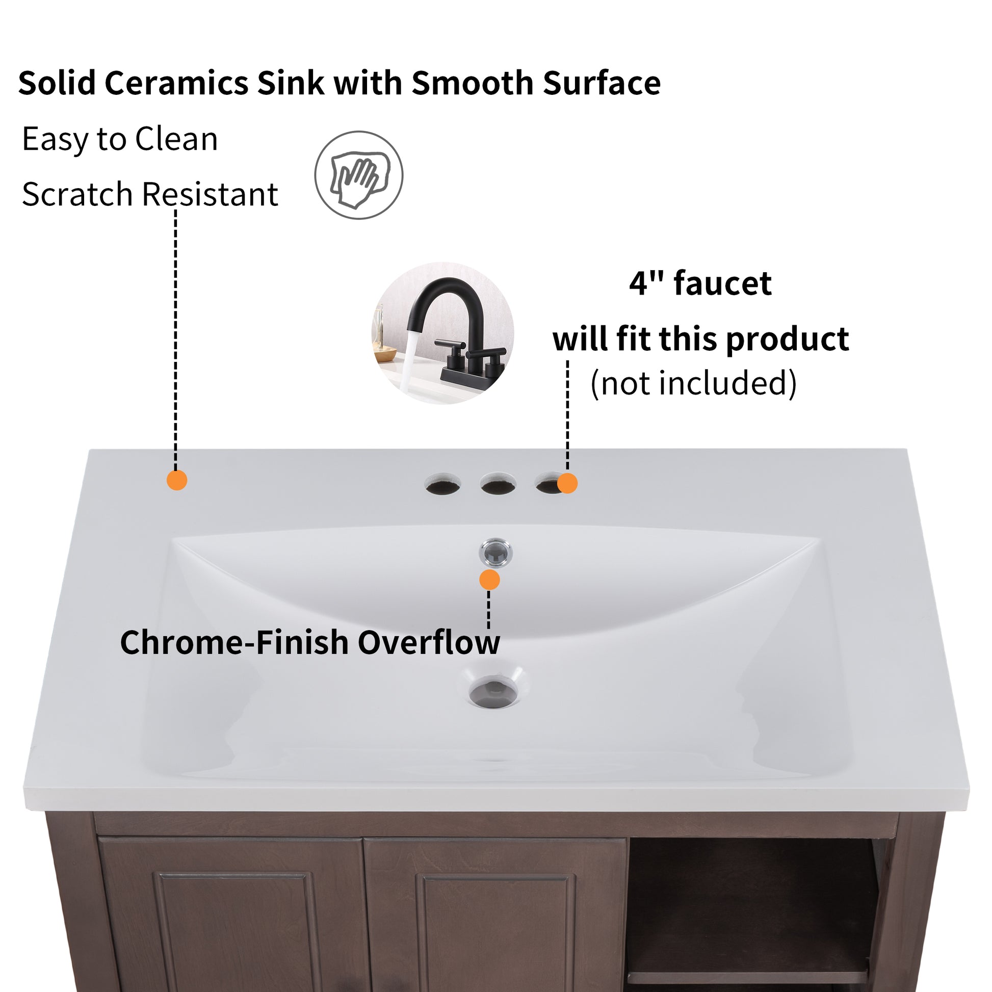 Video 30" Bathroom Vanity With Sink, Bathroom Storage Cabinet With Doors And Drawers, Solid Wood Frame, Ceramic Sink, Brown Old Sku: Jl000002Aad Brown Solid Wood