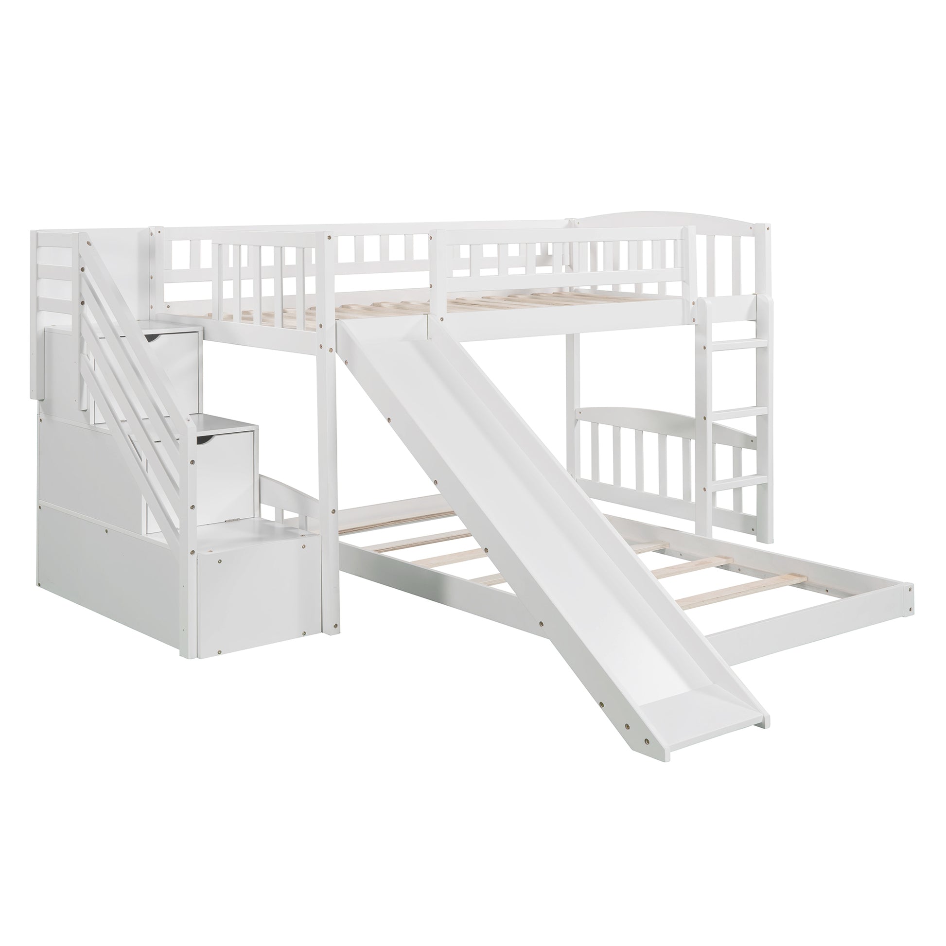 Stairway Twin Over Twin Bunk Bed With Two Drawers And Slide, White Old Sku :Lp000156Aak White Solid Wood