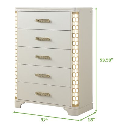 Jasmine 5 Drawer Chest With Side Led Lightning Made With Wood In Beige Beige Bedroom Modern Acacia Upholstered Wood