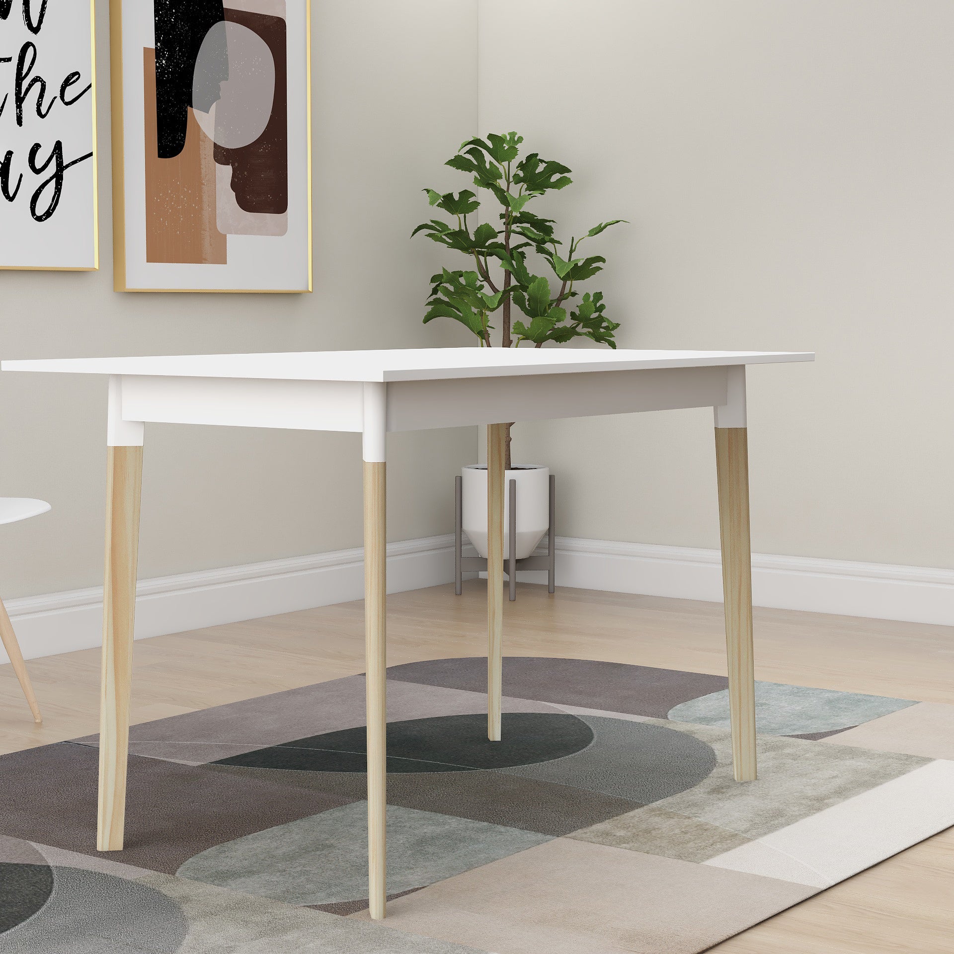 Modern Dining Table 47 Inch Kitchen Table Rectangular Top With Solid Wood Leg White White Mdf