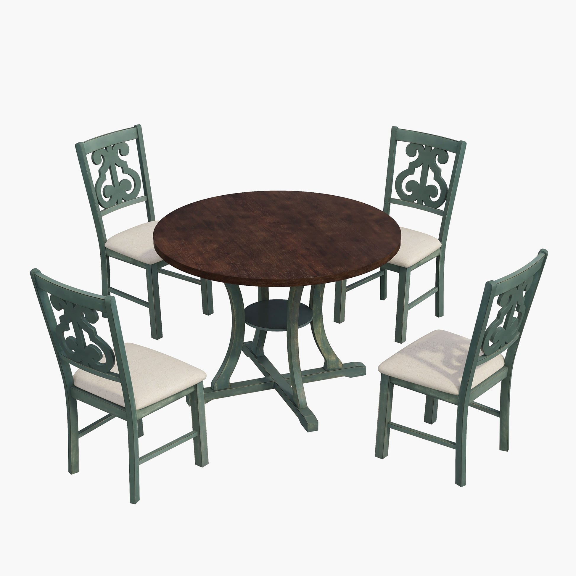 5 Piece Round Dining Table And 4 Fabric Chairs With Special Shaped Table Legs And Storage Shelf Antique Blue Dark Brown Dark Brown,Viridian Mdf