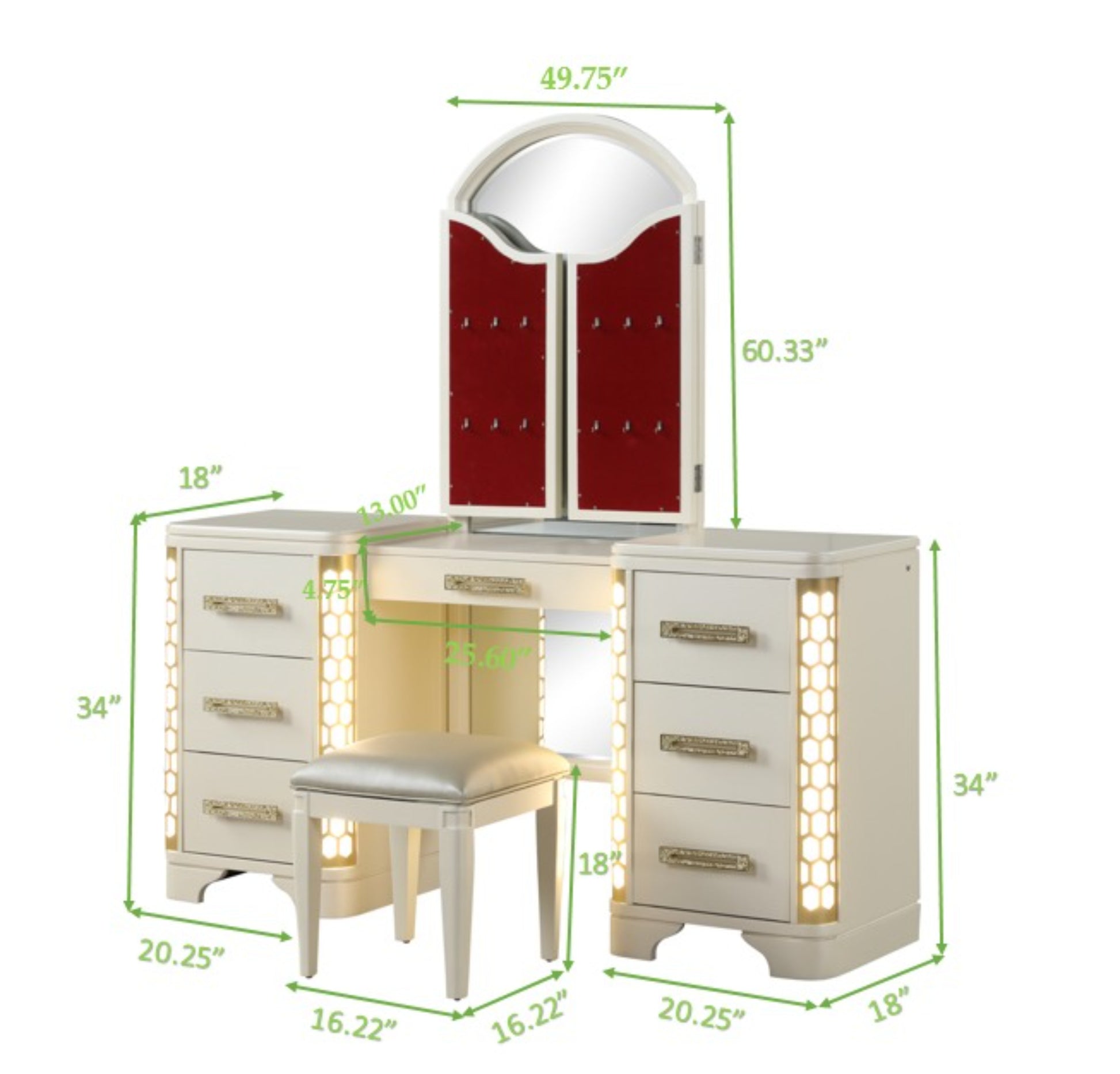 Vanity Set With Side Led Lightning Made With Wood In Beige Beige Drawer 5 Drawers & Above Ball Bearing Glides Bedroom Contemporary,Modern Acacia Mirror Included Solid Wood Mdf Wood