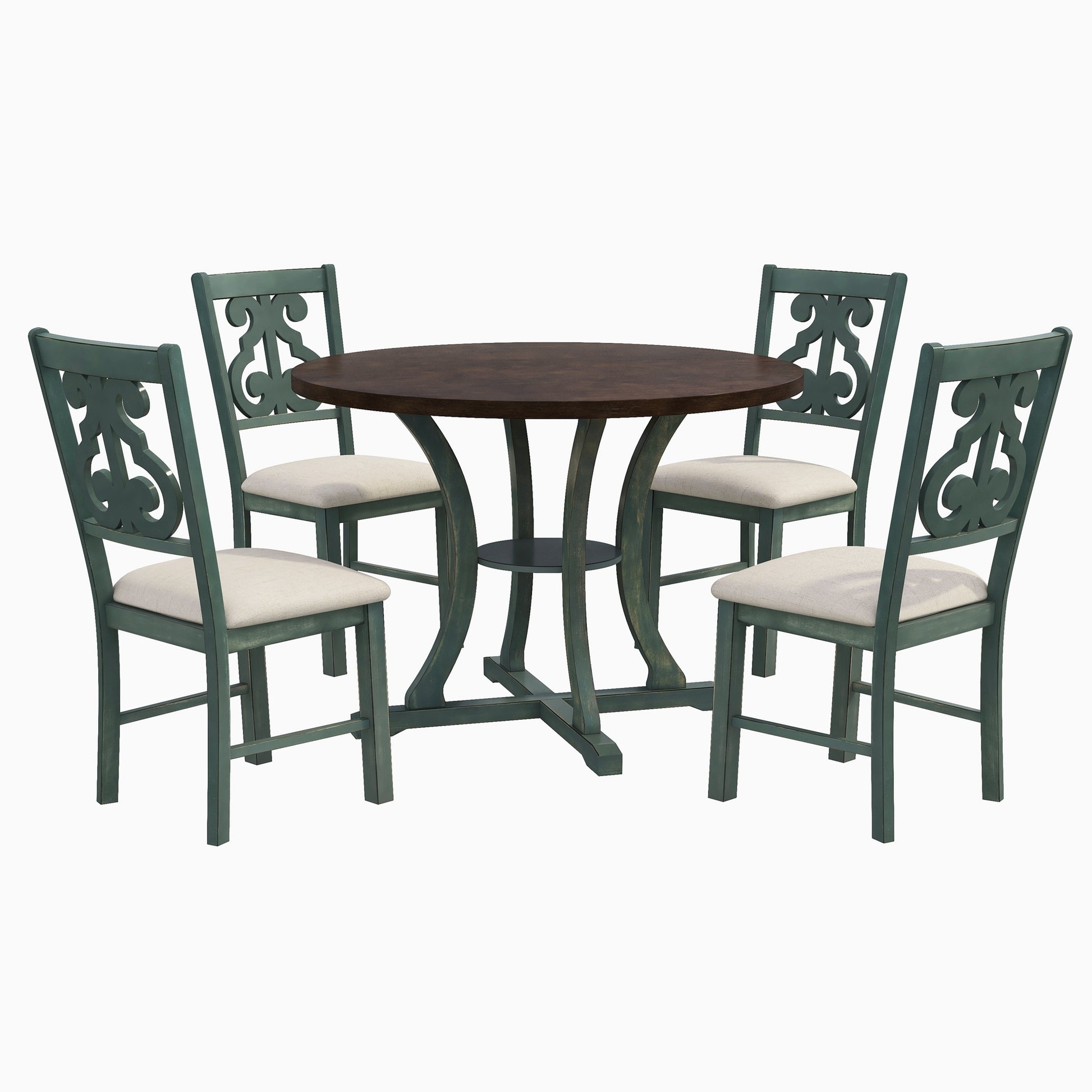 5 Piece Round Dining Table And 4 Fabric Chairs With Special Shaped Table Legs And Storage Shelf Antique Blue Dark Brown Dark Brown,Viridian Mdf