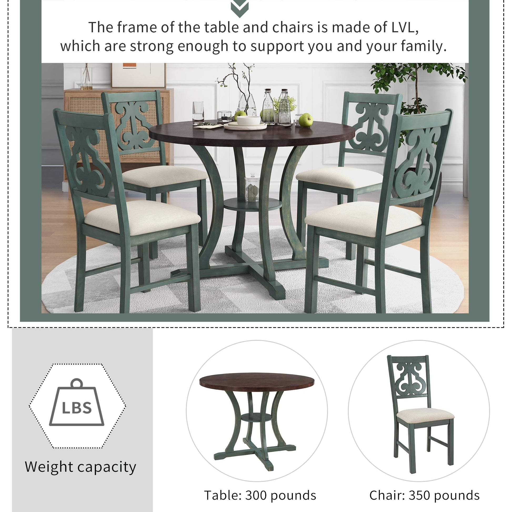 5 Piece Round Dining Table And 4 Fabric Chairs With Special Shaped Table Legs And Storage Shelf Antique Blue Dark Brown Dark Brown,Viridian Mdf