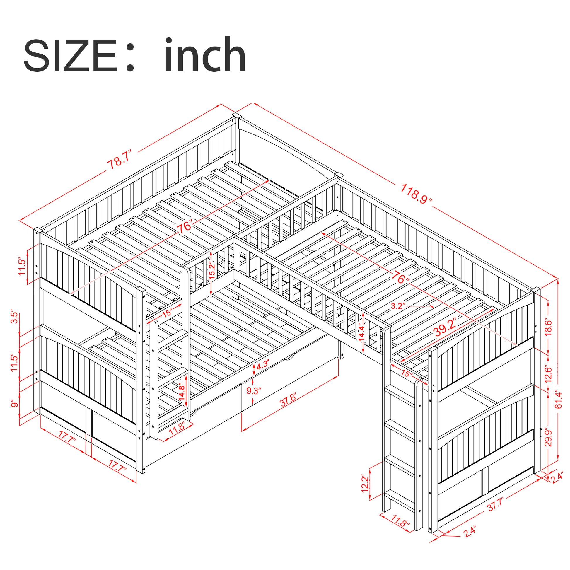 Twin Size Bunk Bed With A Loft Bed Attached, With Two Drawers,White White Pine