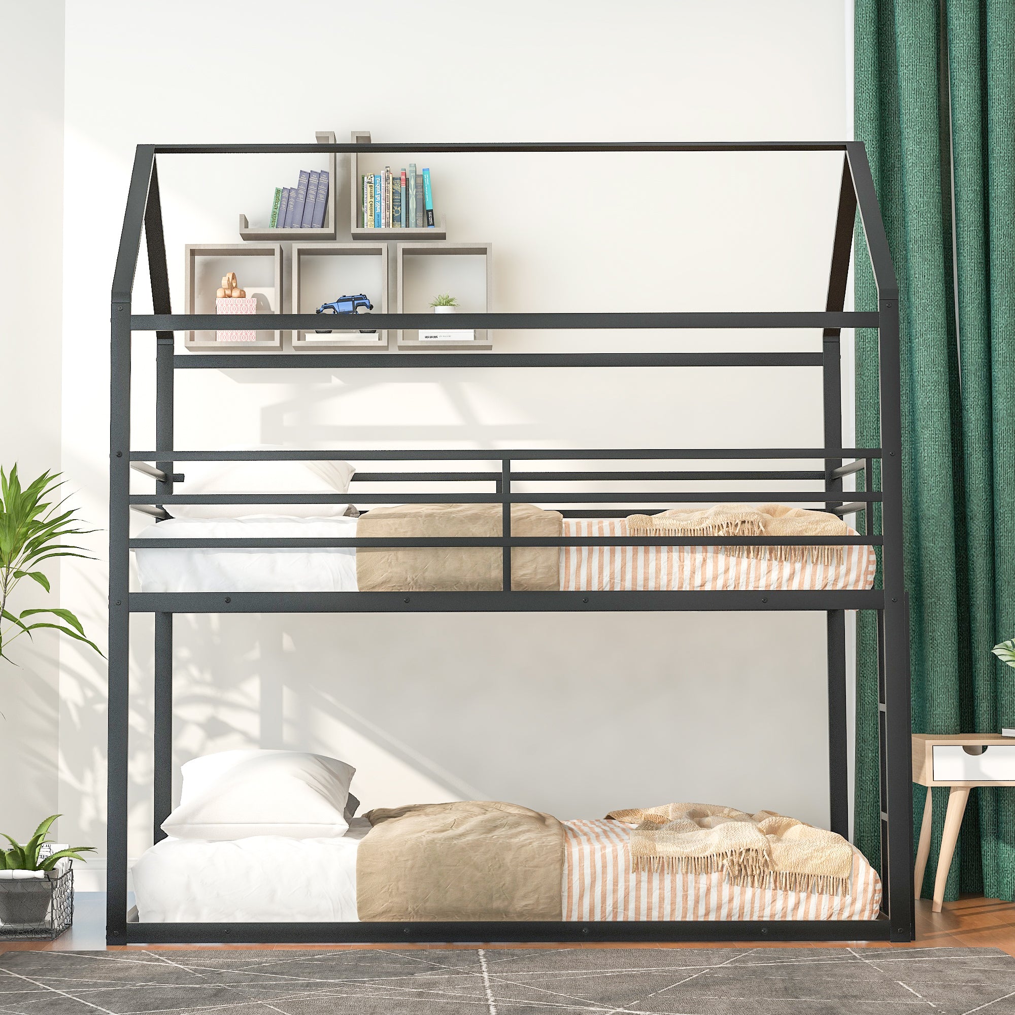 Bunk Beds for Kids Twin over Twin,House Bunk Bed Metal black-metal