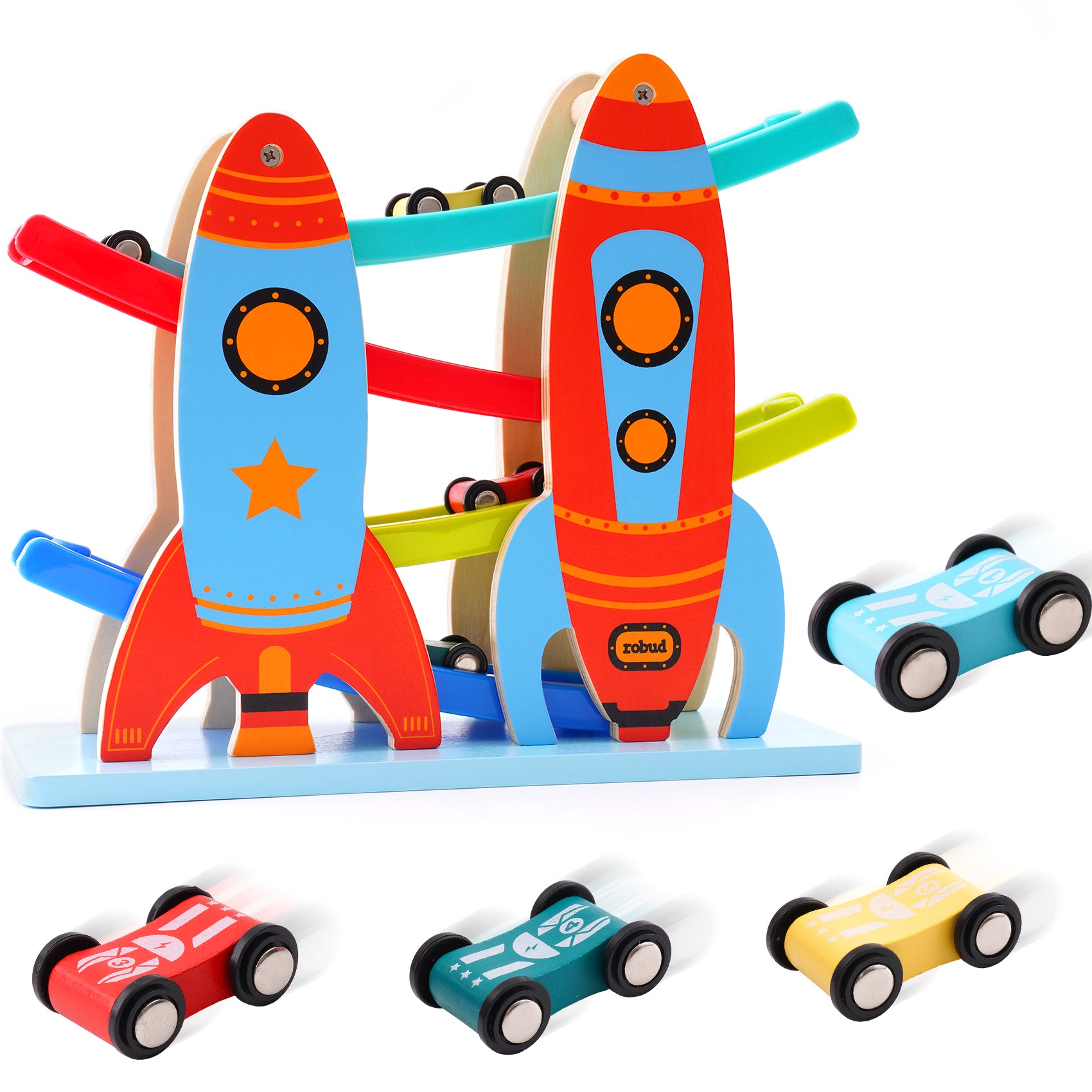 Toy Car Ramp Toddler Race Track Toy with 4 Cars Ramp colorful-solid wood