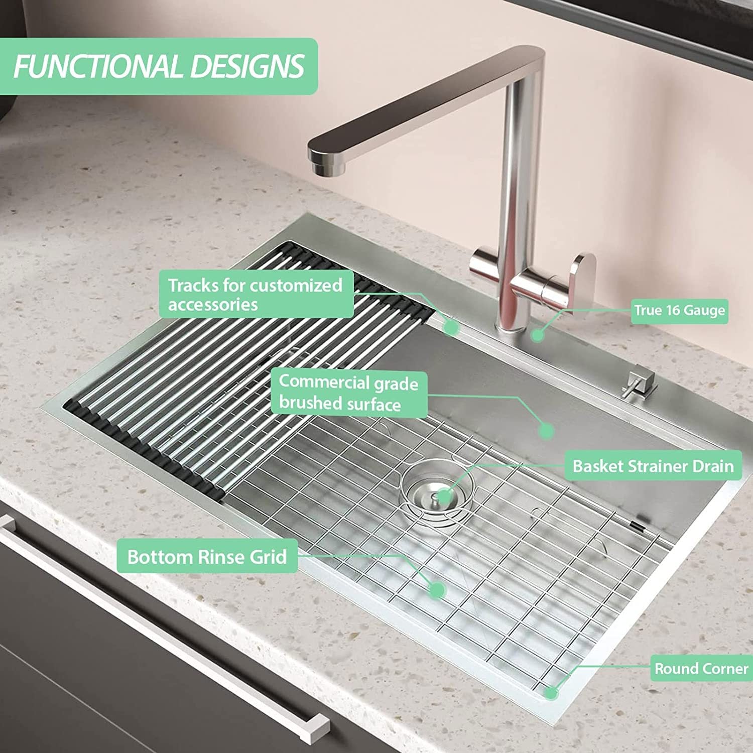 Workstation 33 Inch Drop In 16 Gauge Kitchen Sink R10 Radius Stainless Steel Kitchen Sink Single Bowl With Intergrated Ledge & Accessories Pack Of 5 33"X22"X10" Brushed Nickel Stainless Steel