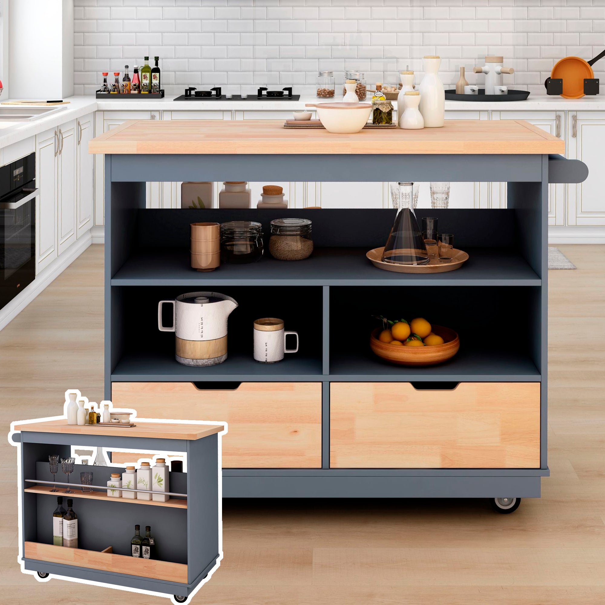 Rolling Kitchen Island With Storage, Two Sided Kitchen Island Cart On Wheels With Wood Top, Wine And Spice Rack, Large Kitchen Cart With 2 Drawers, 3 Open Compartments, Grey Blue Blue Kitchen Classic,French,Mid Century Modern,Modern,Rustic Rectangular