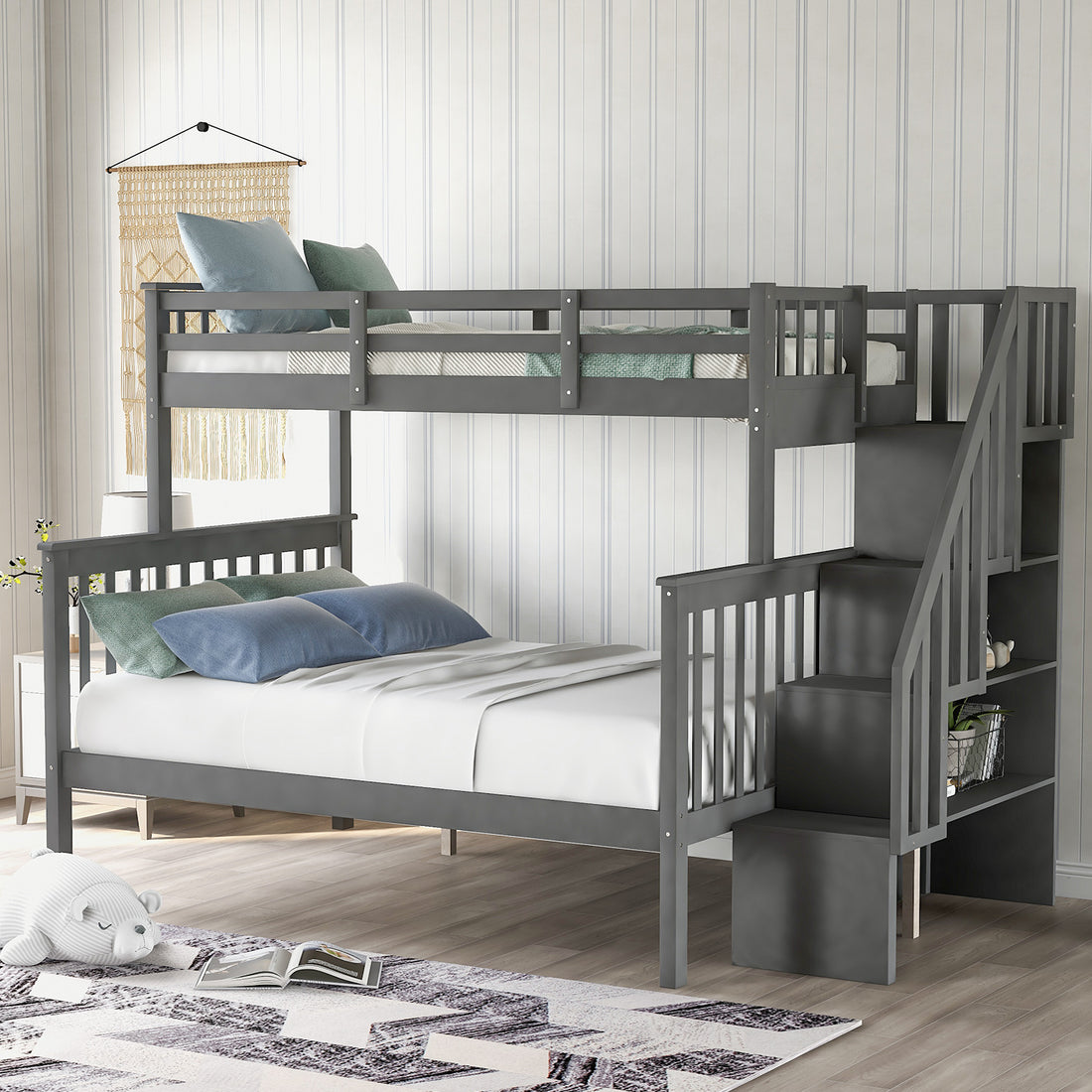 Stairway Twin Over Full Bunk Bed With Storage And Guard Rail For Bedroom, Gray Color Old Sku :Lp000019Aae Gray Solid Wood