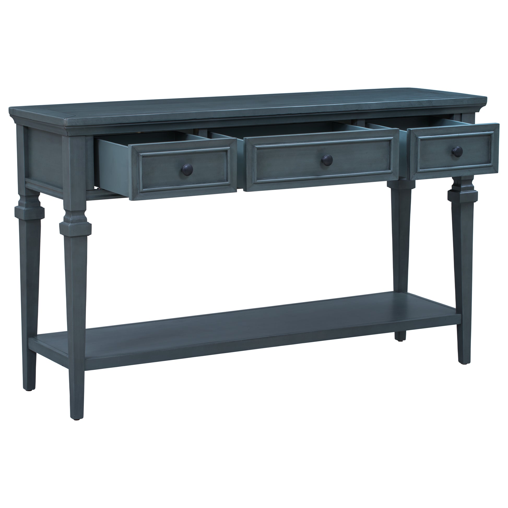 Classic Retro Style Console Table With Three Top Drawers And Open Style Bottom Shelf, Easy Assembly Navy Navy Solid Wood