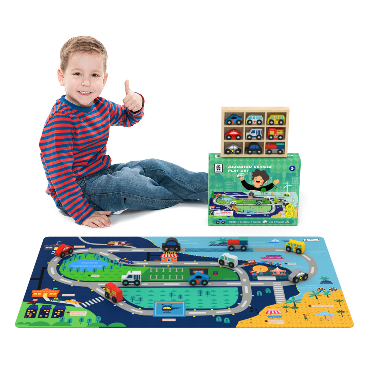 Wooden Train Set Wooden Train Track Set with Mat, city green-solid wood
