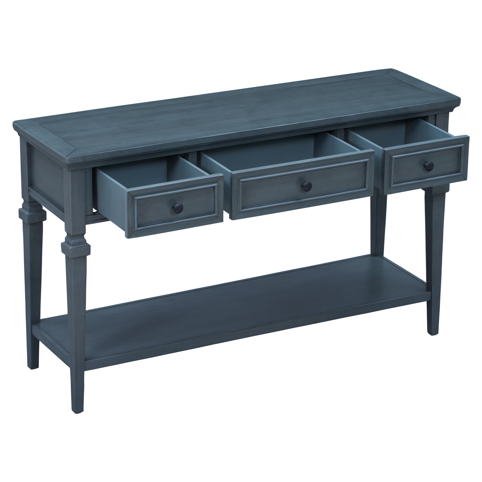 Classic Retro Style Console Table With Three Top Drawers And Open Style Bottom Shelf, Easy Assembly Navy Navy Solid Wood