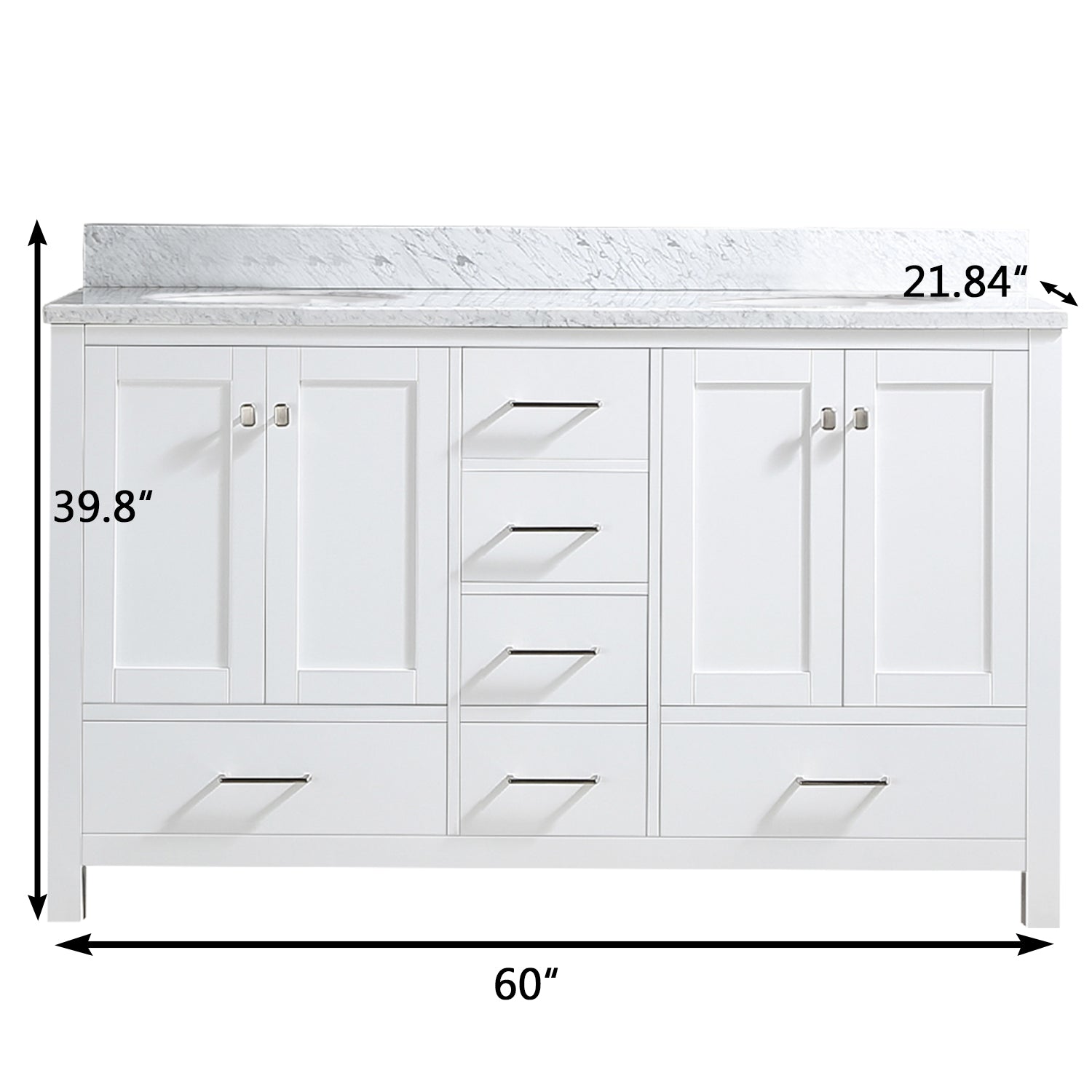 60" Double Bathroom Vanity Cabinet With Carrera Marble Top In White With Ceramic Sink And Back Splash White Plywood