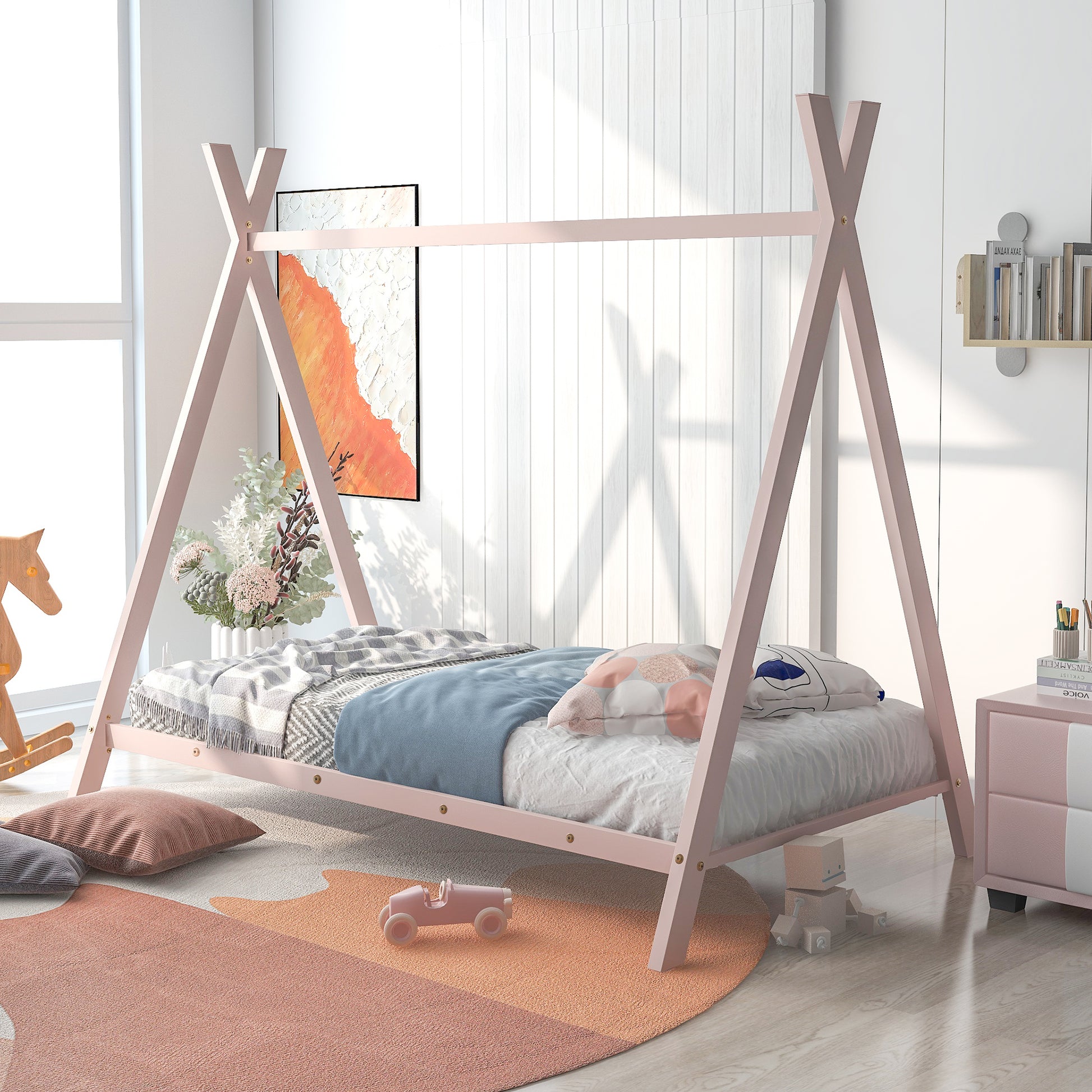 House Bed Tent Bed Frame Twin Size Metal Floor Play House Bed With Sla
