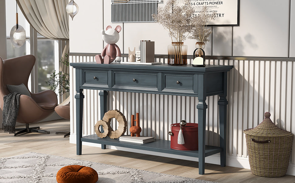 Classic Retro Style Console Table With Three Top Drawers And Open Style Bottom Shelf, Easy Assembly Navy Navy Solid Wood